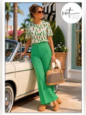 Vintage 70s Bodin Knits NOS 2 Pc Set Green Geometric Wide Leg Pants 10/14